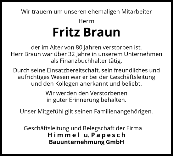 Traueranzeige von Fritz Braun von WRS