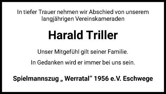 Traueranzeige von Harald Triller von WRS