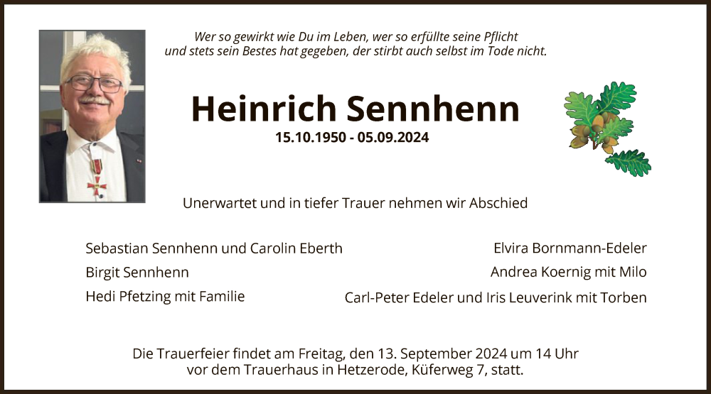  Traueranzeige für Heinrich Sennhenn vom 11.09.2024 aus WRS