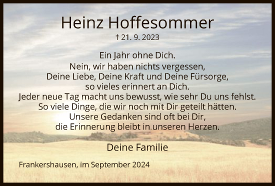 Traueranzeige von Heinz Hoffesommer von WRS