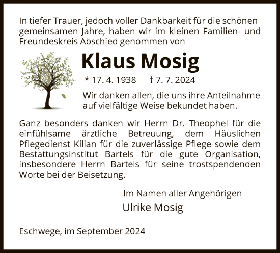 Traueranzeige von Klaus Mosig von WRS