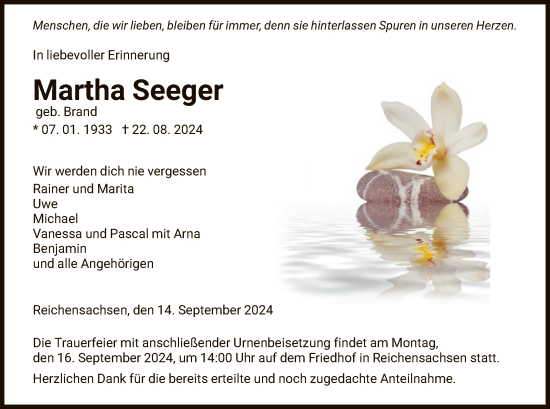 Traueranzeige von Martha Seeger von WRS