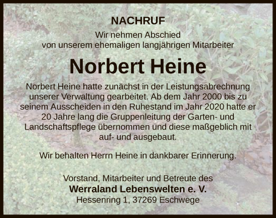 Traueranzeige von Norbert Heine von WRS