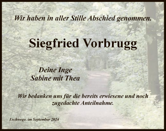 Traueranzeige von Siegfried Vorbrugg von WRS