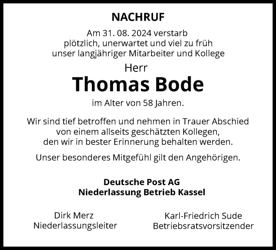 Traueranzeige von Thomas Bode von WRS