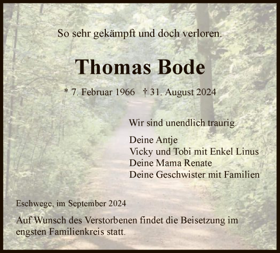 Traueranzeige von Thomas Bode von WRS