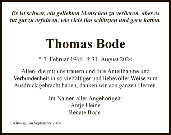 Traueranzeige von Thomas Bode von WRS