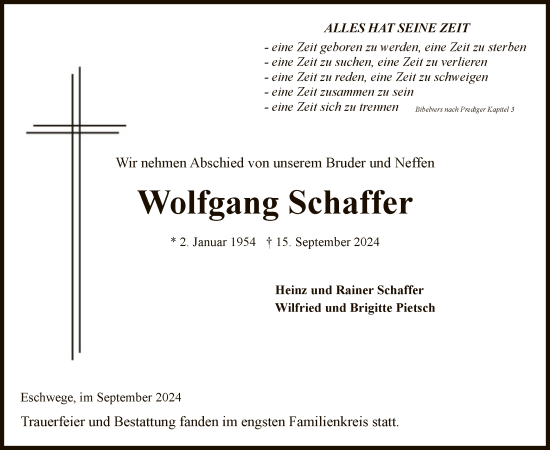 Traueranzeige von Wolfgang Schaffer von WRS