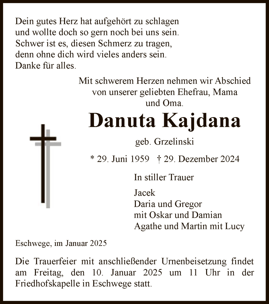  Traueranzeige für Danuta Kajdana vom 04.01.2025 aus WRS