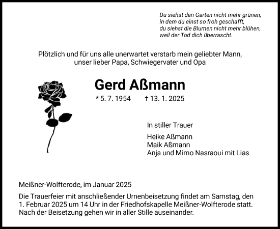 Traueranzeige von Gerd Aßmann von WRS