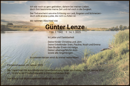 Traueranzeige von Günter Lenze von WRSWRS