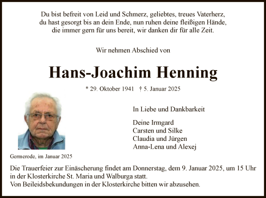 Traueranzeige von Hans-Joachim Henning von WRS