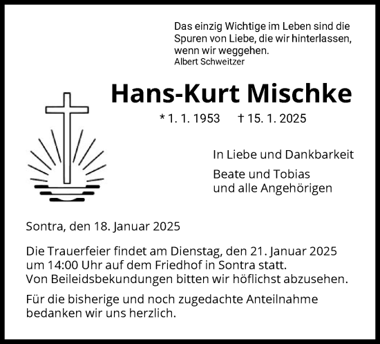 Traueranzeige von Hans-Kurt Mischke von WRS