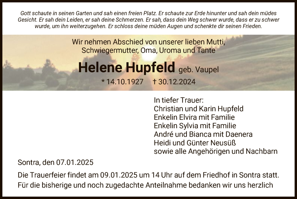  Traueranzeige für Helene Hupfeld vom 07.01.2025 aus WRS