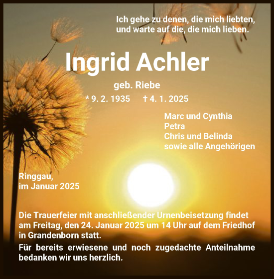 Traueranzeige von Ingrid Achler von WRS