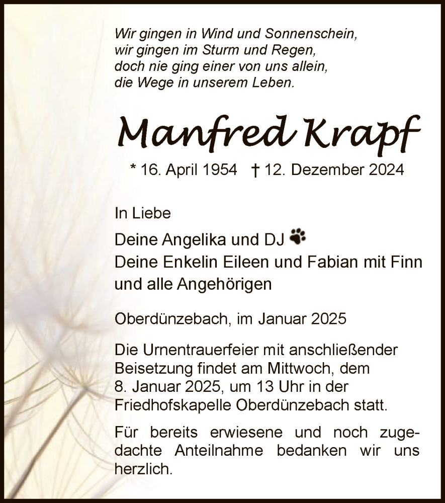  Traueranzeige für Manfred Krapf vom 04.01.2025 aus WRS