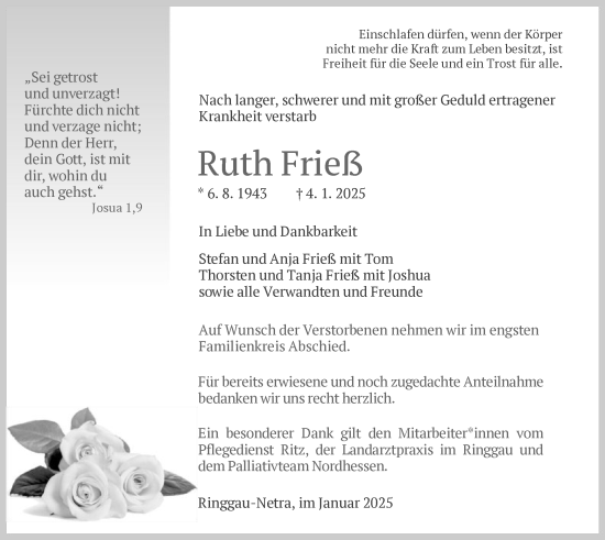 Traueranzeige von Ruth Frieß von WRS