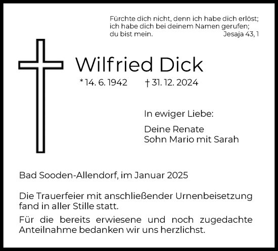 Traueranzeige von Wilfried Dick von WRS