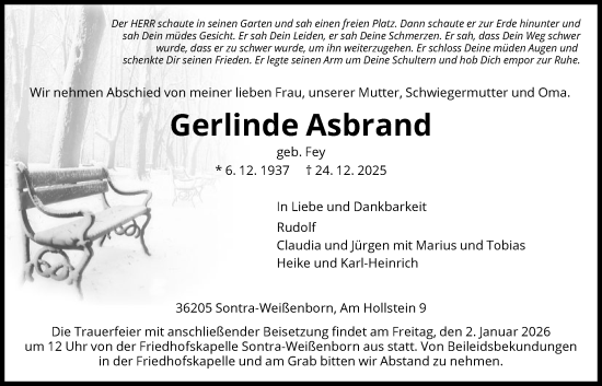 Traueranzeige von Gerlinde Asbrand von WRS