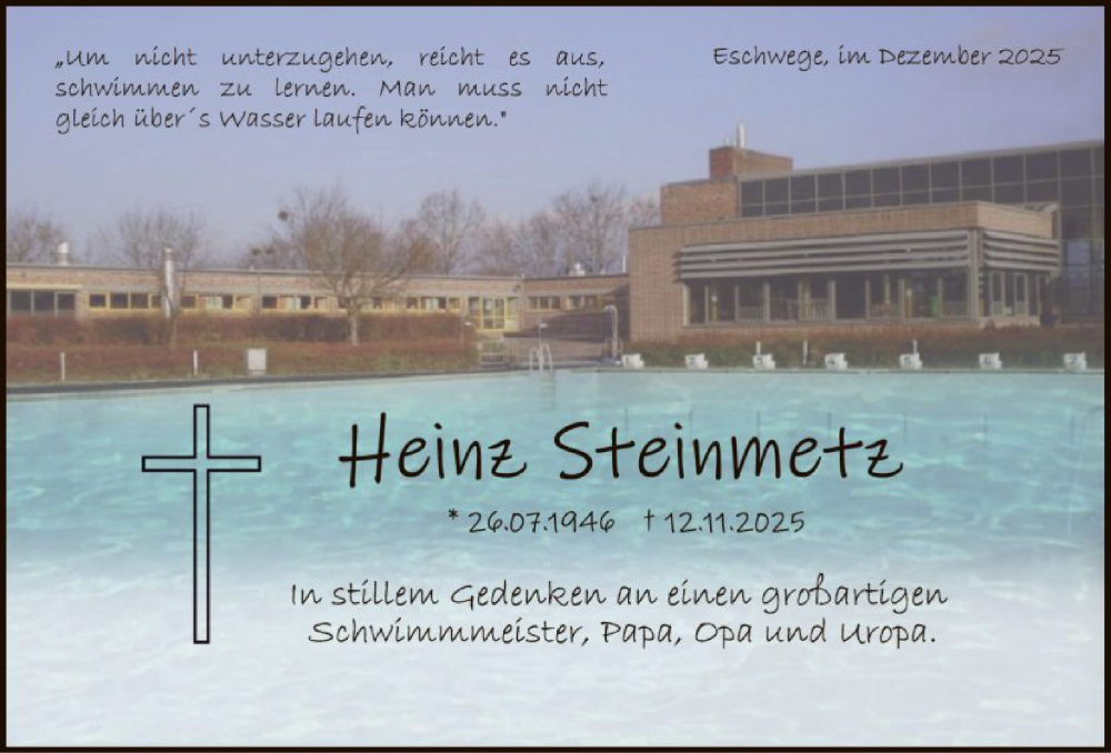  Traueranzeige für Heinz Steinmetz vom 06.12.2025 aus WRS