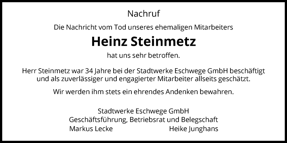  Traueranzeige für Heinz Steinmetz vom 11.12.2025 aus WRS