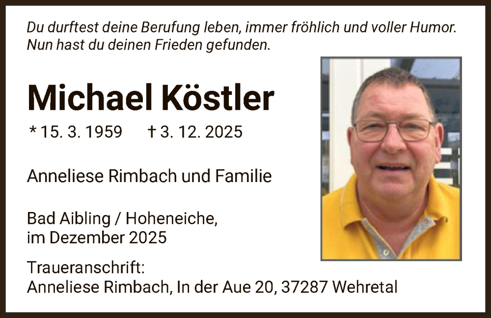  Traueranzeige für Michael Köstler vom 19.12.2025 aus WRS