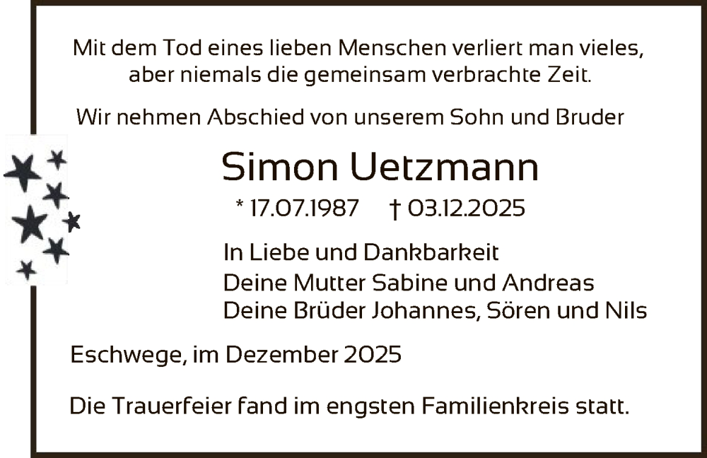  Traueranzeige für Simon Uetzmann vom 31.12.2025 aus WRS