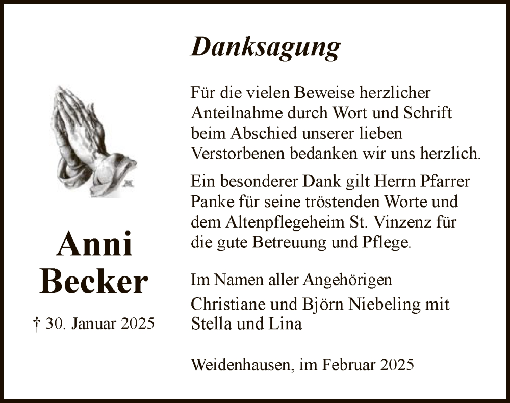  Traueranzeige für Anni Becker vom 22.02.2025 aus WRS