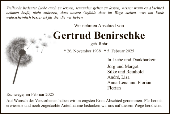 Traueranzeige von Gertrud Benirschke von WRS