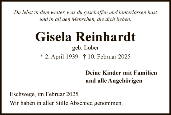 Traueranzeige von Gisela Reinhardt von WRS