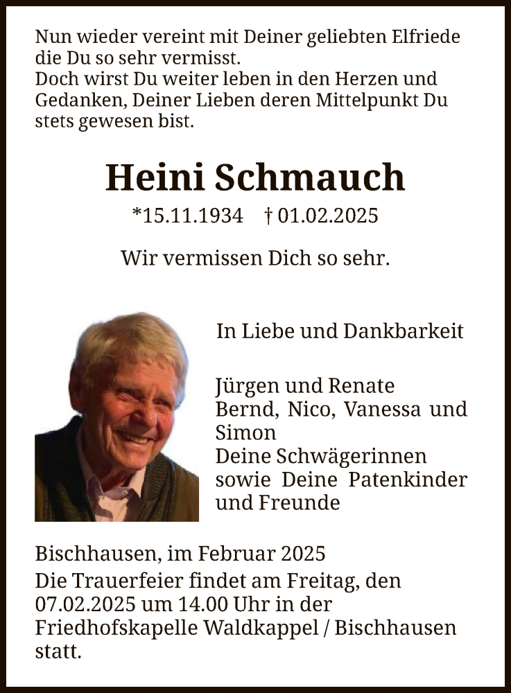  Traueranzeige für Heini Schmauch vom 05.02.2025 aus WRS