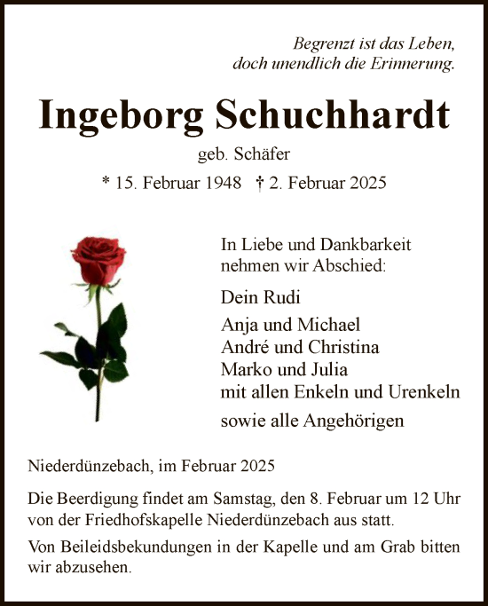 Traueranzeige von Ingeborg Schuchhardt von WRS