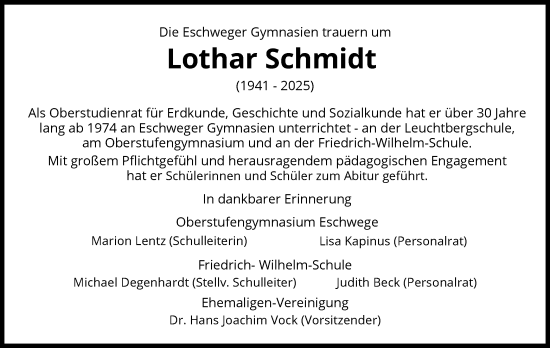Traueranzeige von Lothar Schmidt von WRS