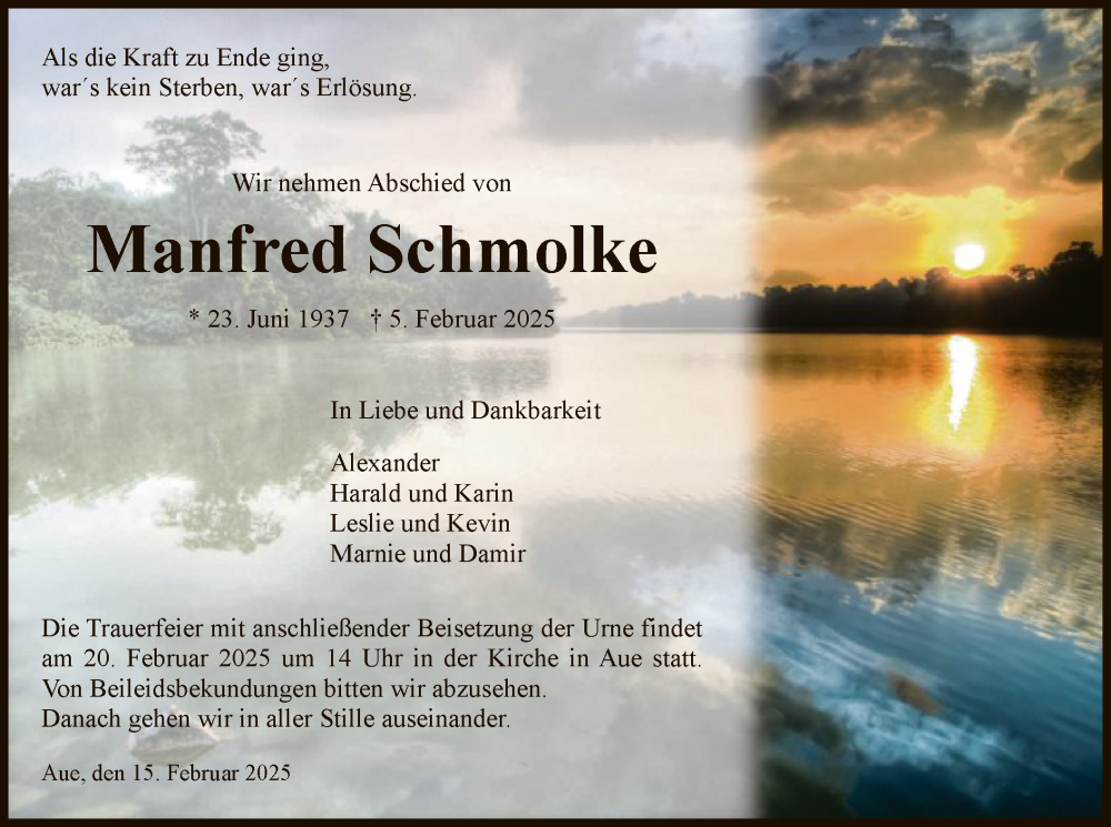  Traueranzeige für Manfred Schmolke vom 15.02.2025 aus WRS