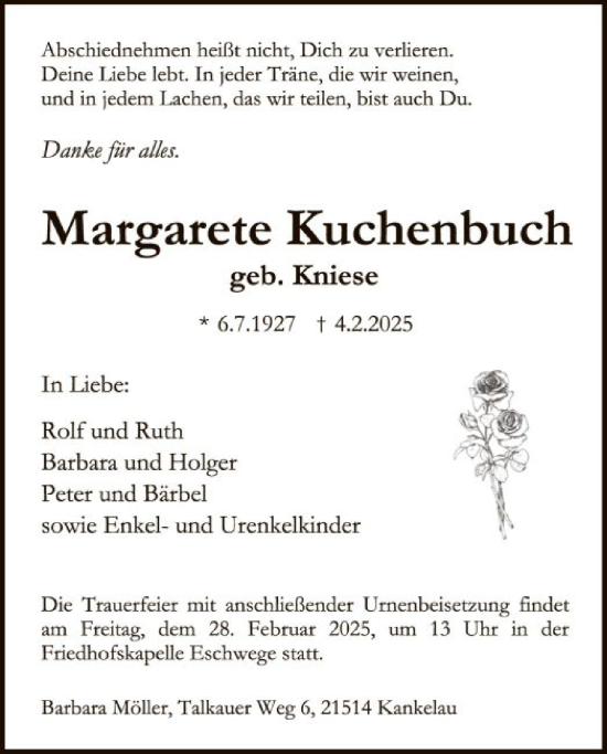Traueranzeige von Margarete Kuchenbuch von WRS