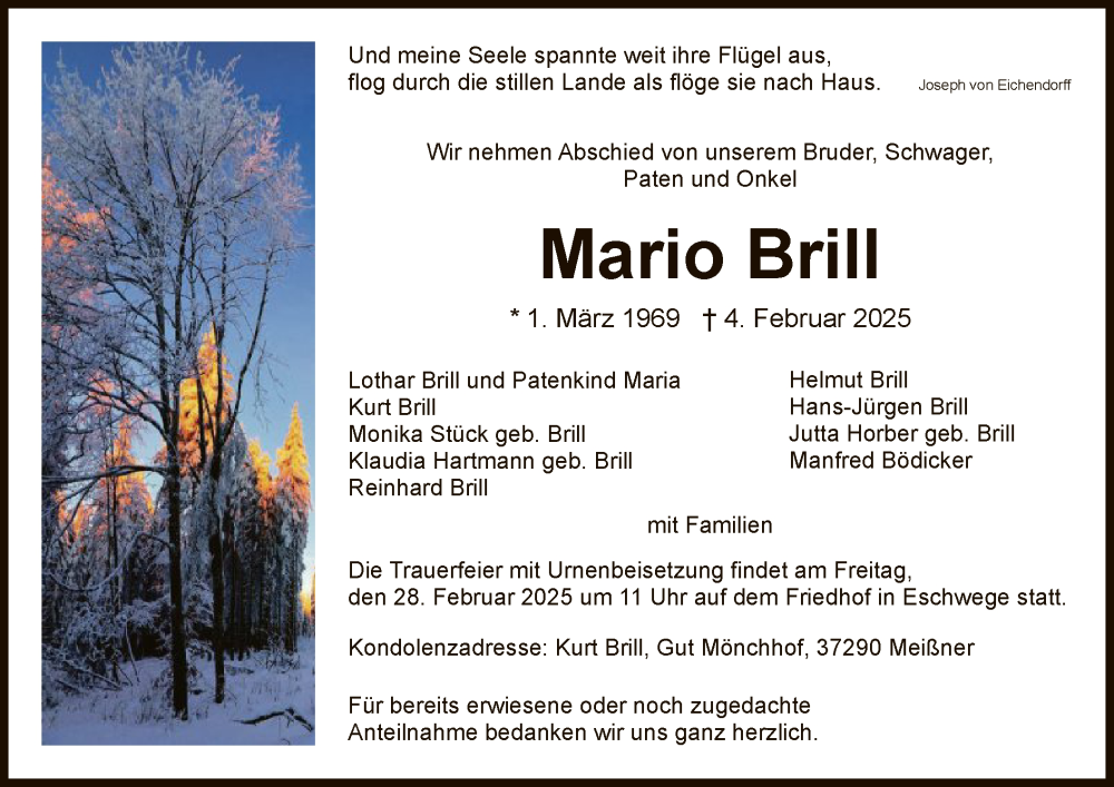  Traueranzeige für Mario Brill vom 22.02.2025 aus WRS