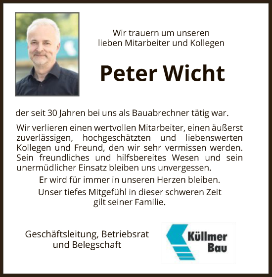 Traueranzeige von Peter Wicht von WRS