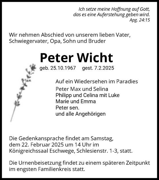 Traueranzeige von Peter Wicht von WRS
