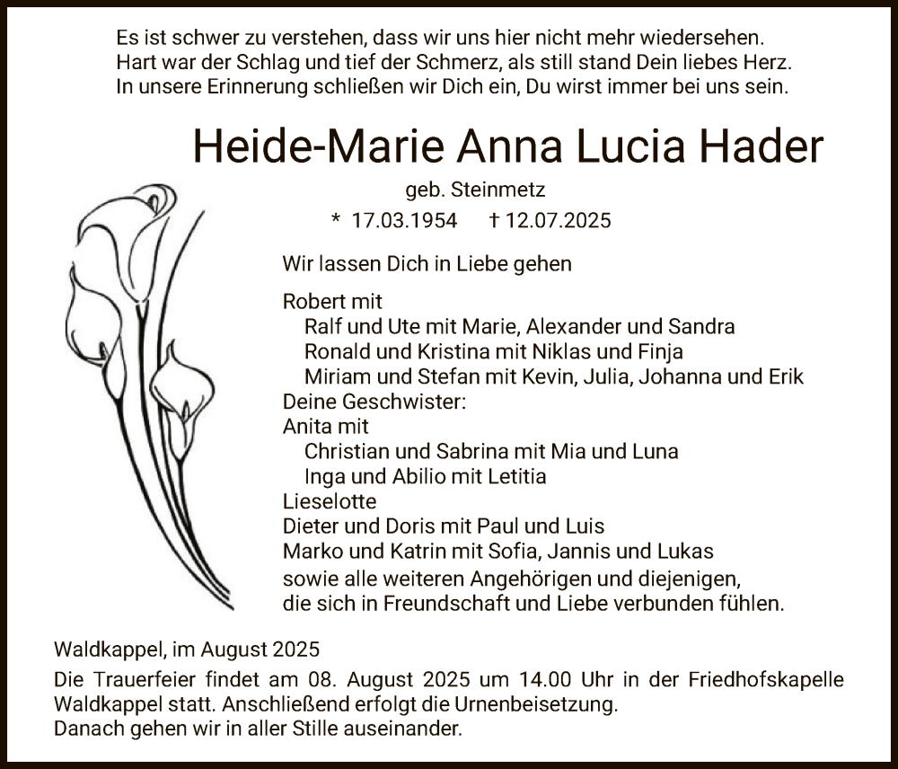  Traueranzeige für Heide-Marie Anna Lucia Hader vom 02.08.2025 aus WRS