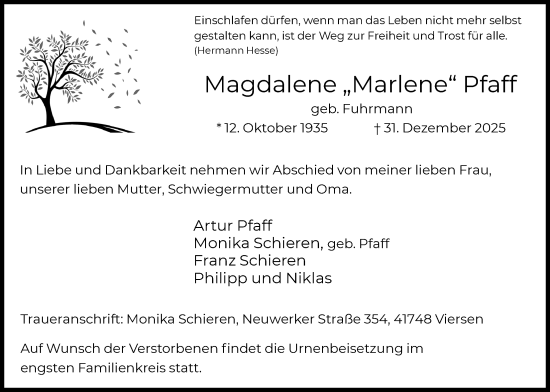 Traueranzeige von Magdalene Pfaff von WRS
