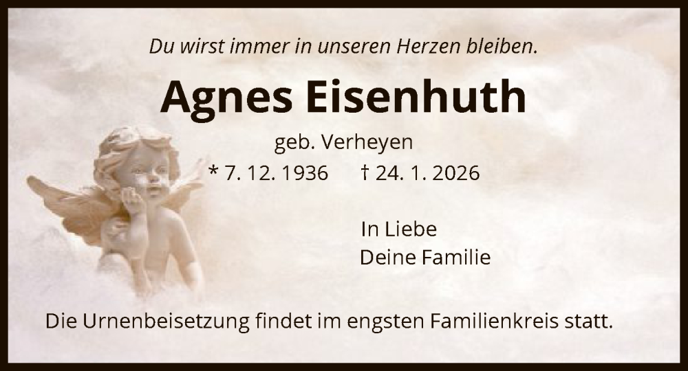  Traueranzeige für Agnes Eisenhuth vom 31.01.2026 aus WRS