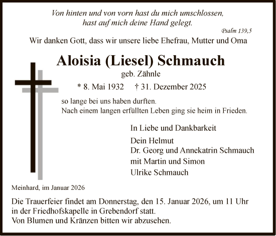 Traueranzeige von Aloisia Schmauch von WRS