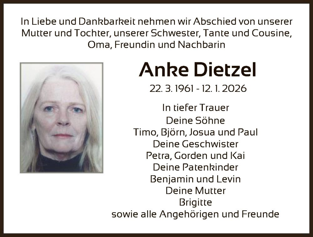  Traueranzeige für Anke Dietzel vom 24.01.2026 aus WRS
