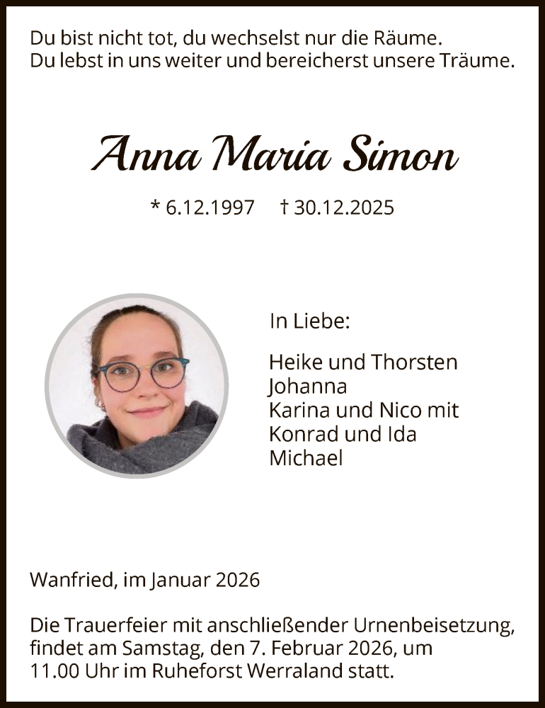  Traueranzeige für Anna Maria Simon vom 31.01.2026 aus WRS