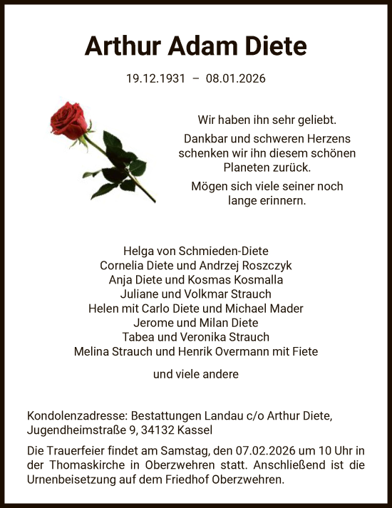 Traueranzeige von Arthur Adam Diete von HNAWRS