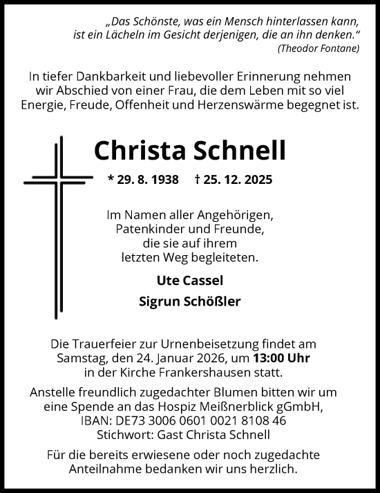 Traueranzeige von Christa Schnell von WRSWRS