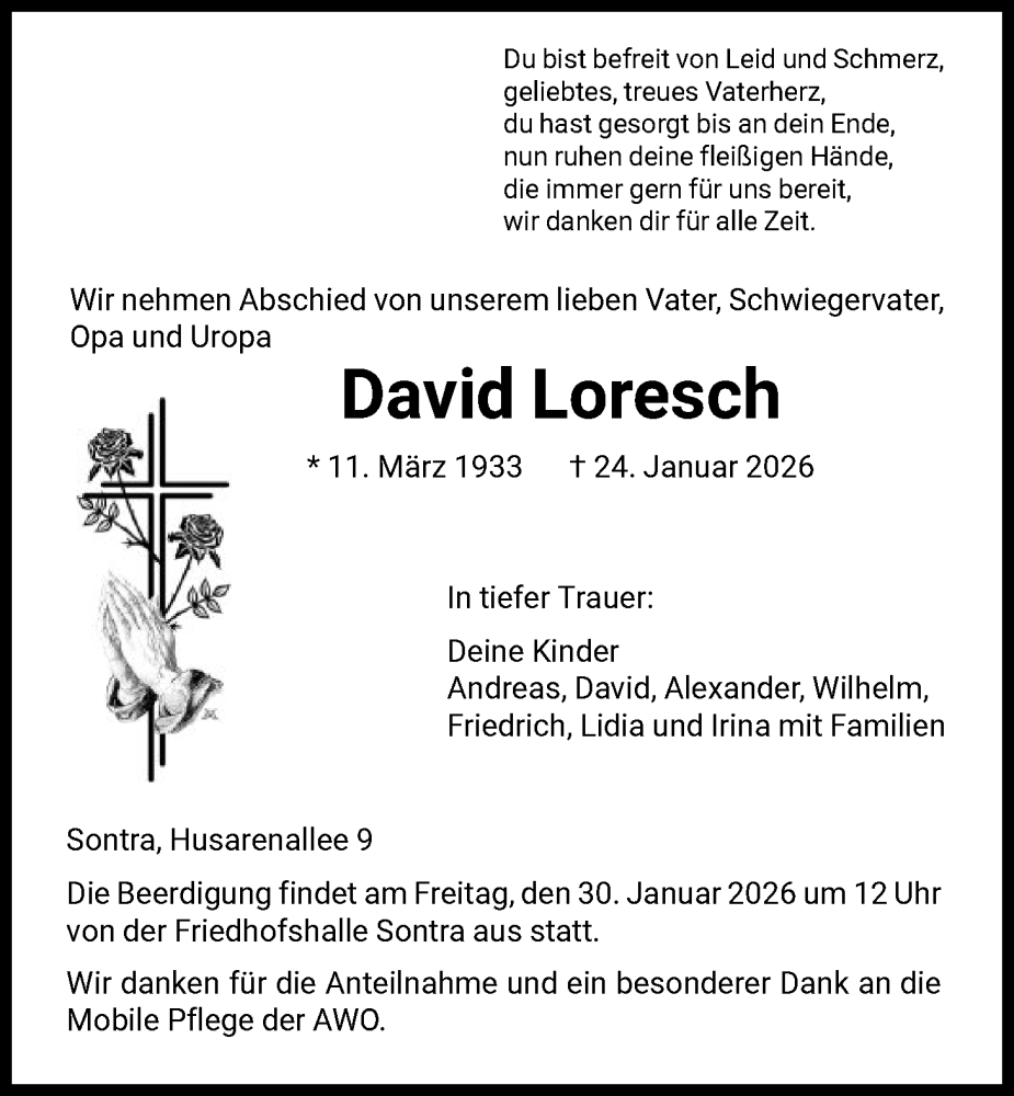  Traueranzeige für David Loresch vom 28.01.2026 aus WRS