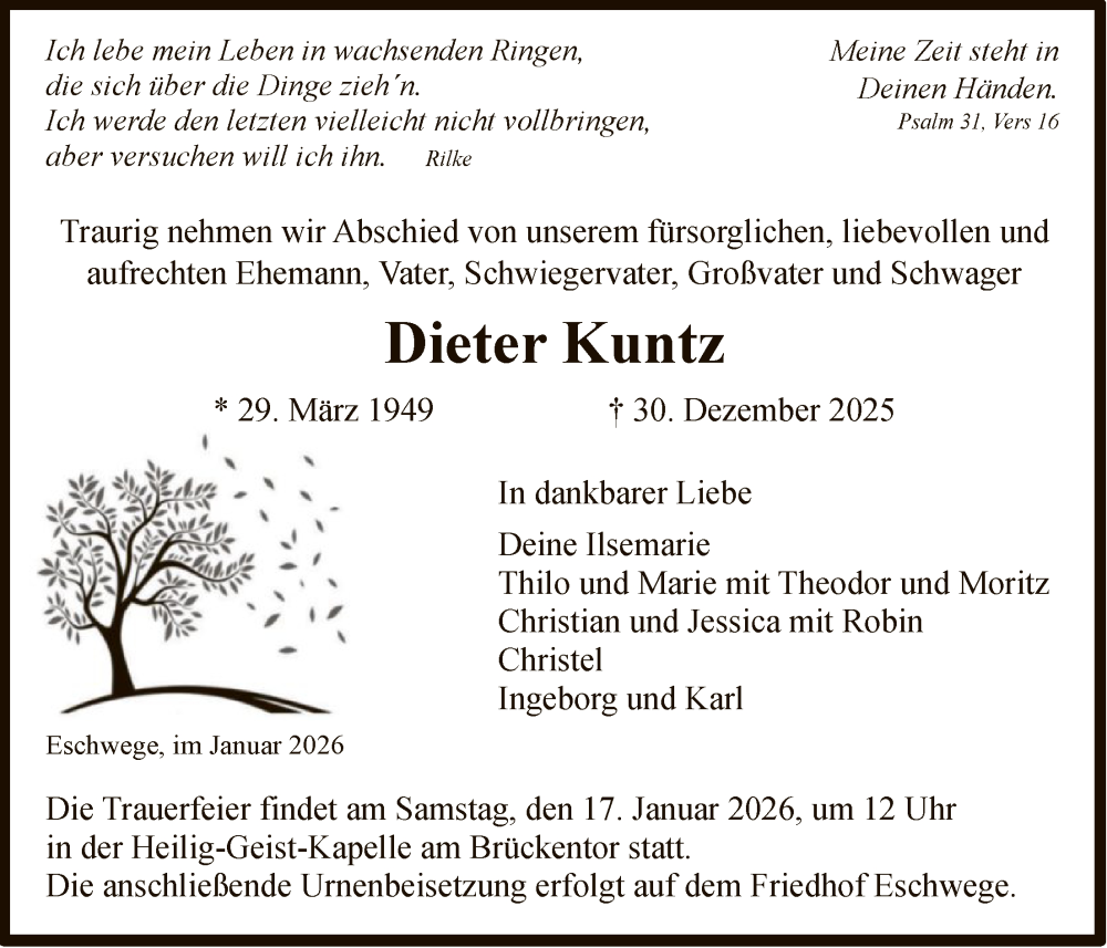  Traueranzeige für Dieter Kuntz vom 06.01.2026 aus WRS