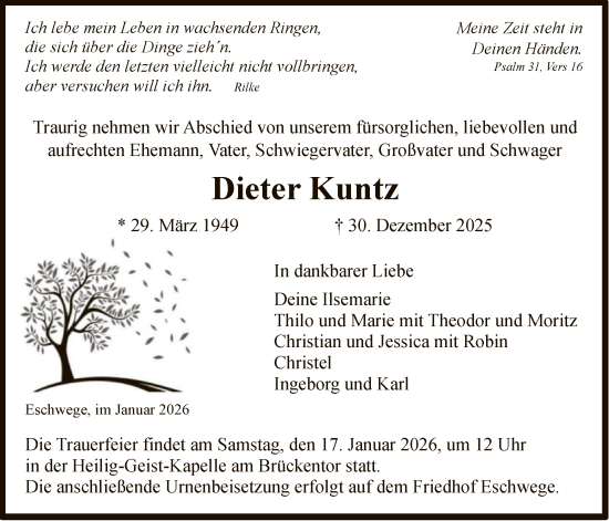 Traueranzeige von Dieter Kuntz von WRS