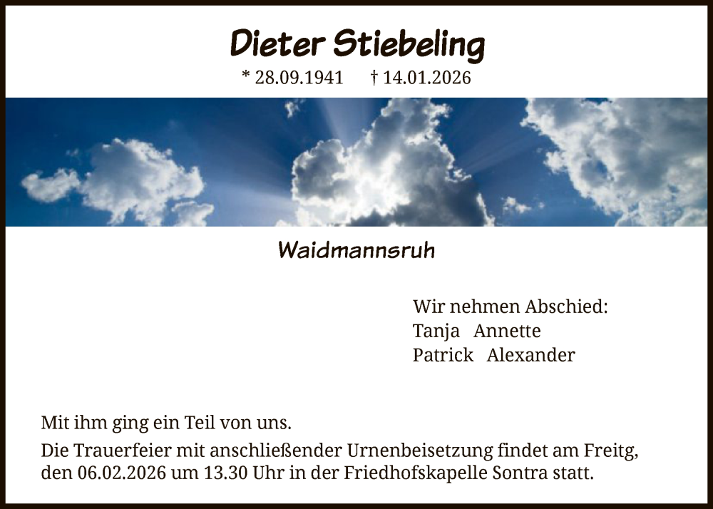 Traueranzeige für Dieter Stiebeling vom 31.01.2026 aus WRS